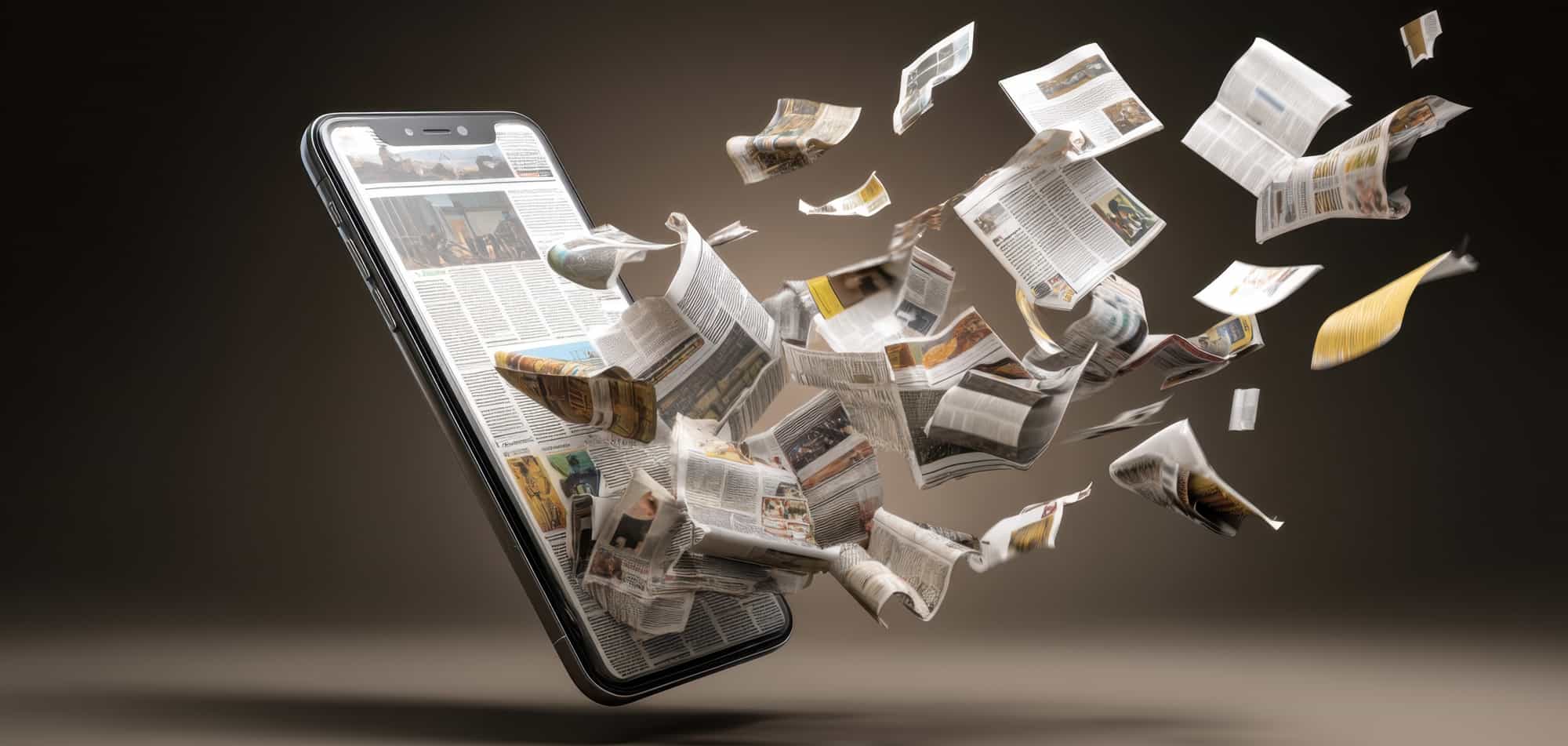 Smartphone mit digitalen News, aus dem Zeitungsseiten fliegen – Symbol für Online-Neuigkeiten